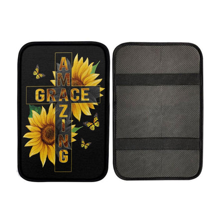 Amazing Grace Sunflower Car Center Console Cover, Christian Car Armrest Cover