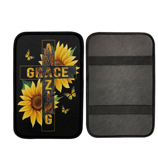 Amazing Grace Sunflower Car Center Console Cover, Christian Car Armrest Cover
