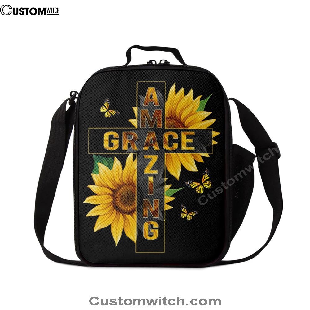 Amazing Grace Sunflower Lunch Bag, Christian Lunch Bag For School, Picnic, Religious Lunch Bag