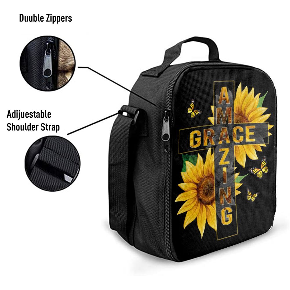 Amazing Grace Sunflower Lunch Bag, Christian Lunch Bag For School, Picnic, Religious Lunch Bag