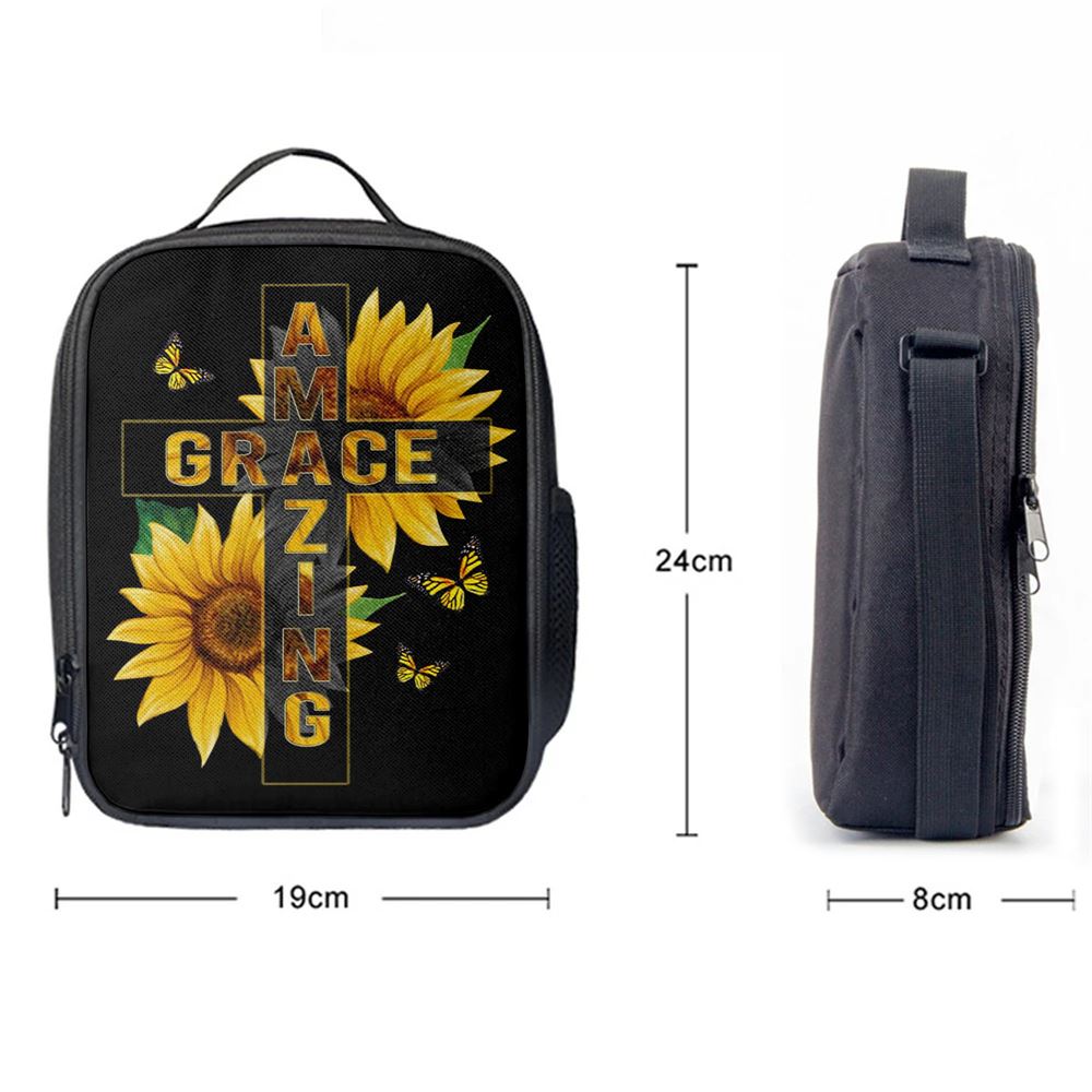 Amazing Grace Sunflower Lunch Bag, Christian Lunch Bag For School, Picnic, Religious Lunch Bag