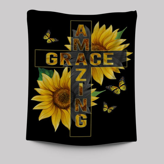 Amazing Grace Sunflower Tapestry Prints - Bible Verse Wall Decor - Scripture Wall Art