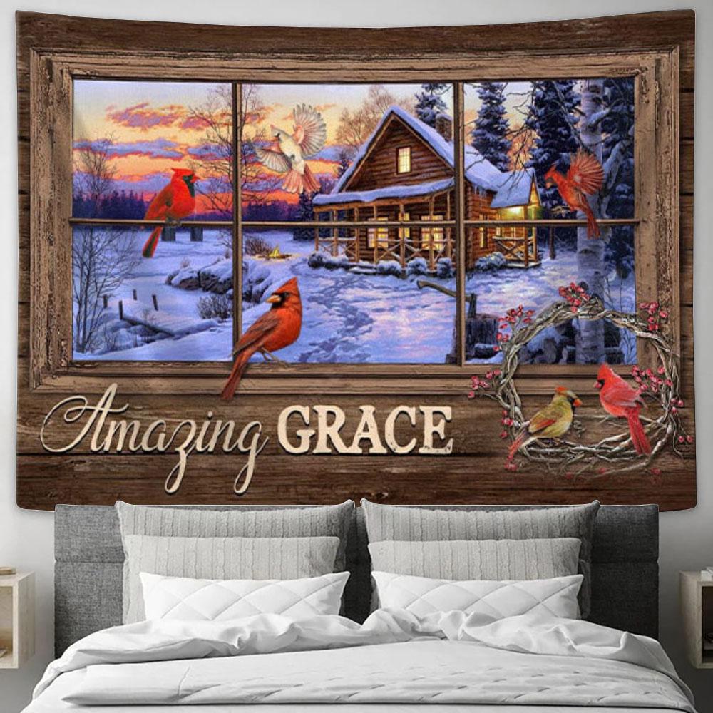 Amazing Grace Tapestry Wall Art - Cardinal Birds - Christian Christmas Wall Decor - Christian Wall Decor
