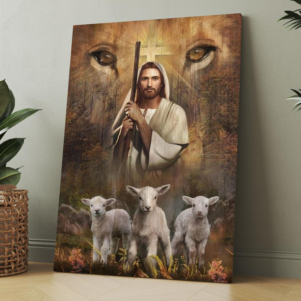 Amazing Jesus Painting White Lamb Lion's Eyes Walking With Jesus Canvas, Christmas Gift for Christian