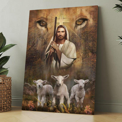 Amazing Jesus Painting White Lamb Lion's Eyes Walking With Jesus Canvas, Christmas Gift for Christian