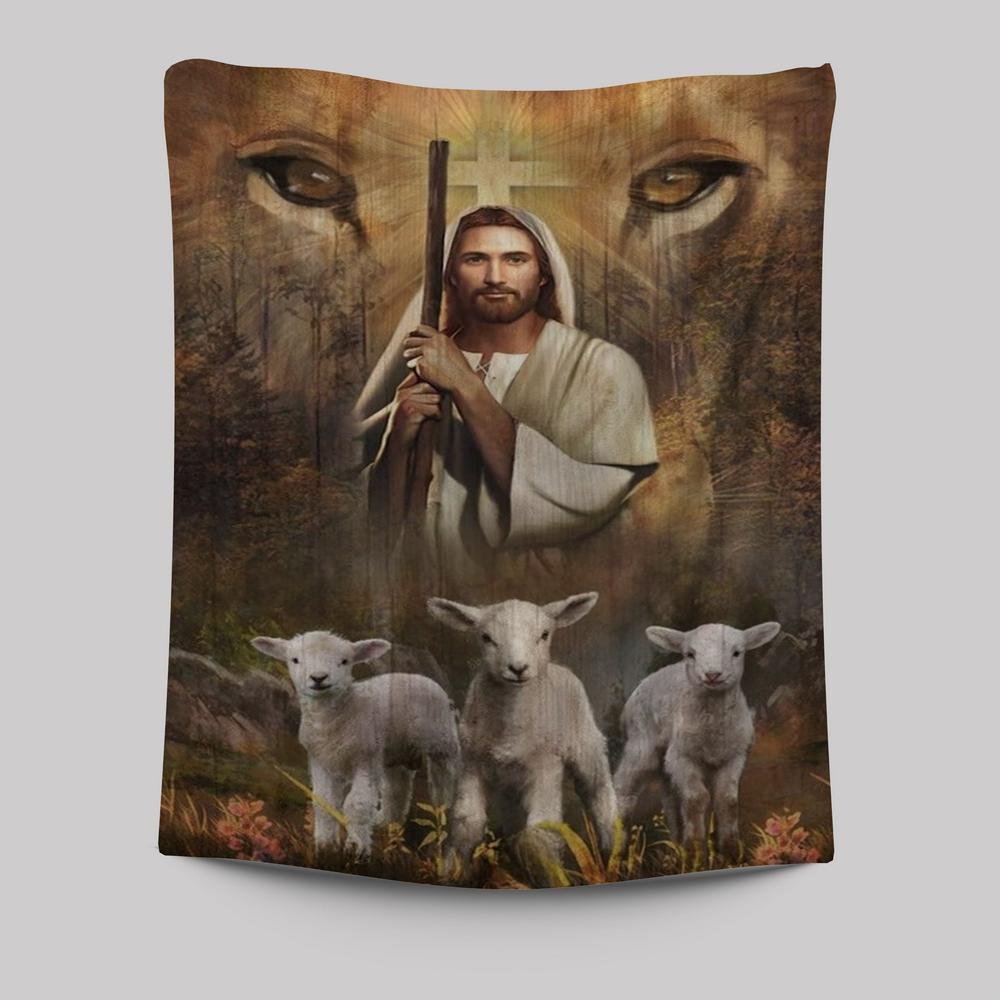 Amazing Jesus Painting White Lamb Lion's Eyes Walking With Jesus Tapestry