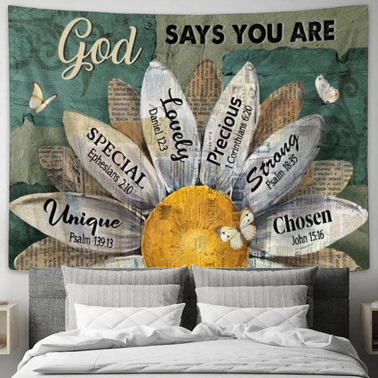 Amazing Sunflower Blue Background God Says You Are Tapestry, Tapestries for Living Room Bedroom