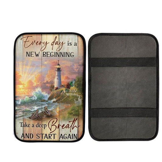 Amazing Sunset, Lighthouse, Every Day Is New Beginning Car Center Console Cover, Car Armrest Pad, Christian Gift, Armrest Box Mat