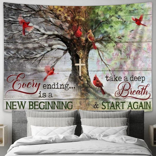 Amazing Tree, Four Seasons Tree, Cardinal, Cross, Every Ending Is A New Beginning Tapestry, Tapestries for Living Room Bedroom