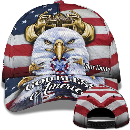America Eagle Bird With Usa Flag God Bless America Custom Name Baseball Cap, Christian Baseball Cap, Religious Cap, Jesus Gift, Jesus Hat