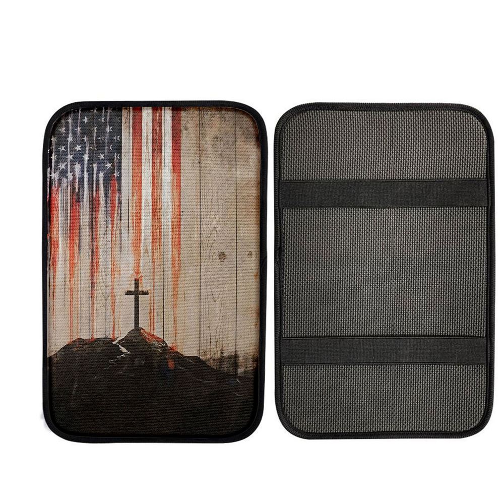 American Flag Cross Car Center Console Cover, Christian Car Armrest Cover