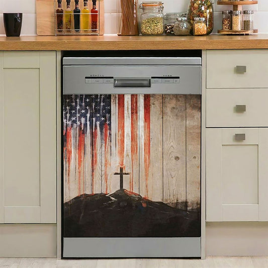 American Flag Cross Dishwasher Cover, Christian Dishwasher Magnet Cover, Religious Kitchen Decor