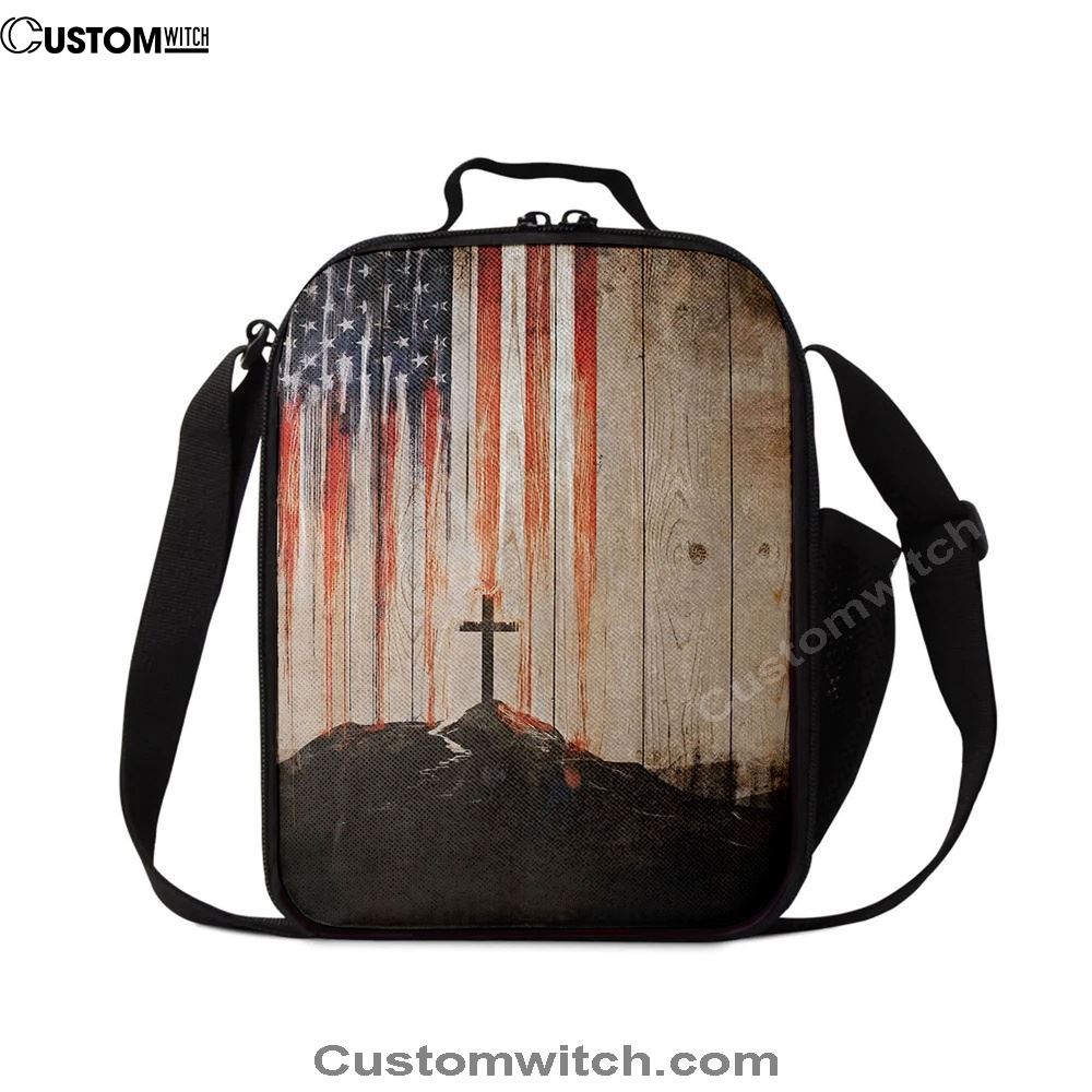 American Flag Cross Lunch Bag, Christian Lunch Bag For School, Picnic, Religious Lunch Bag