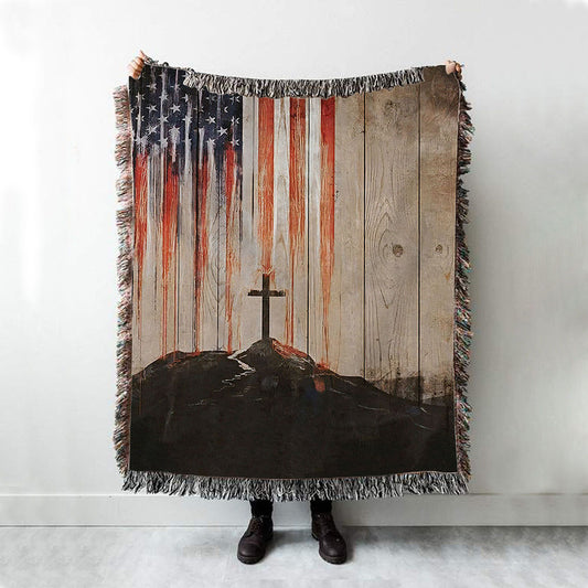 American Flag Cross Woven Throw Blanket - Christian Wall Woven Blanket - Religious Woven Blanket Prints