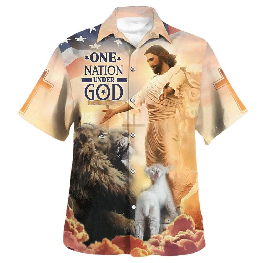 American Flag Jesus Open Arms One Nation Under God Hawaiian Shirt For Men, Christian Hawaiian Shirt, Gift For Christian