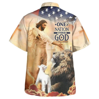 American Flag Jesus Open Arms One Nation Under God Hawaiian Shirt For Men, Christian Hawaiian Shirt, Gift For Christian