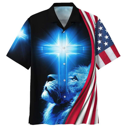 American Flag Lion Cross Hawaiian Shirt For Men, Christian Hawaiian Shirt, Gift For Christian