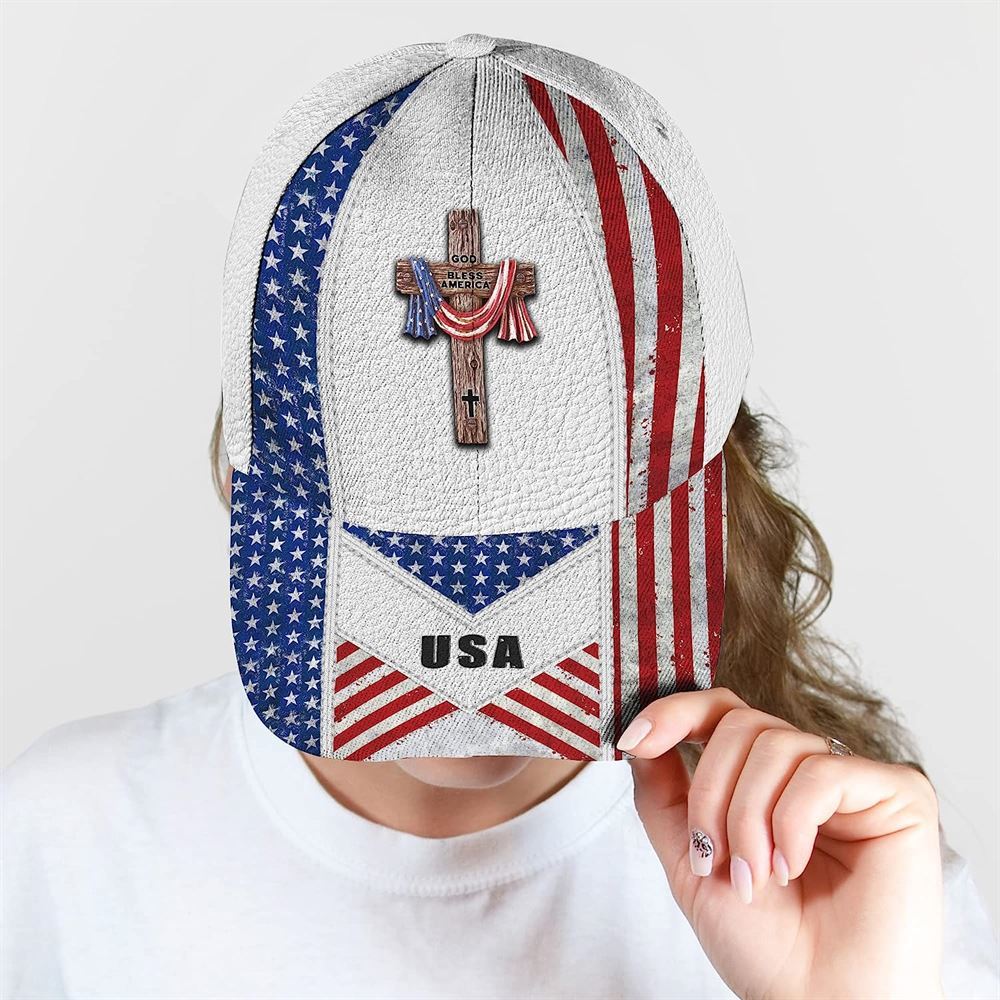 American Flag On Cross God Bless America All Over Print Baseball Cap, God Cap, Gift Ideas For Male