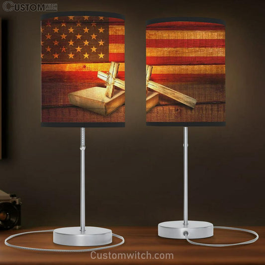 American Flag With Cross Holy Bible Table Lamb Print - Christian Lamb Gift - Christian Bedroom Decor