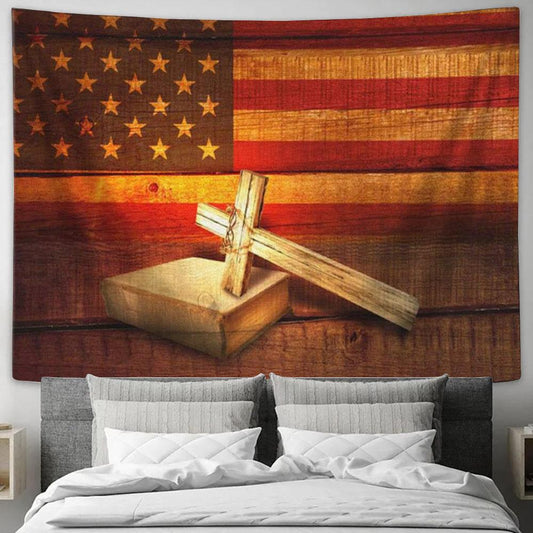 American Flag With Cross Holy Bible Tapestry Print - Christian Wall Art - Christian Wall Decor