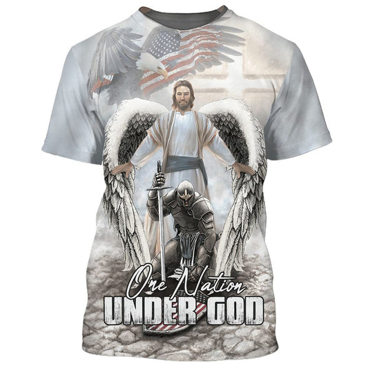 American Warrior Knee Before Gods, One Nation Under God All Over Print 3D T-Shirt, Gift For Christian, Jesus Shirt