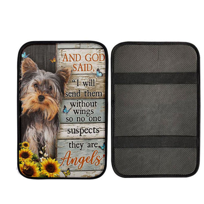And God Saidy Little Yorkshire Terrier Sunflower Butterfly Car Center Console Cover, Christian Auto Armrest Cover