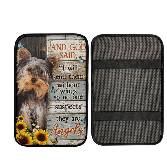 And God Saidy Little Yorkshire Terrier Sunflower Butterfly Car Center Console Cover, Christian Auto Armrest Cover