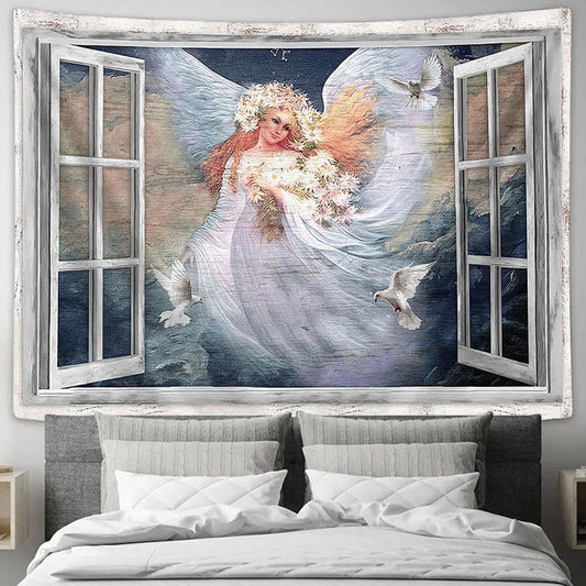 Angel Daisy Vase White Dove The Way To Heaven Tapestry Wall Art - Bible Verse Tapestry - Religious Tapestry Wall Hanging