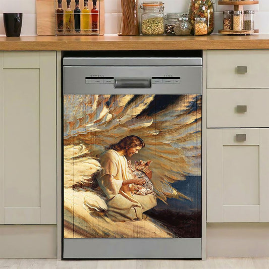 Angel Wings Little Yorkshire Terrier Jesus Painting Dishwasher Cover, Christian Dishwasher Magnet Cover, Bible Verse Kitchen Decor