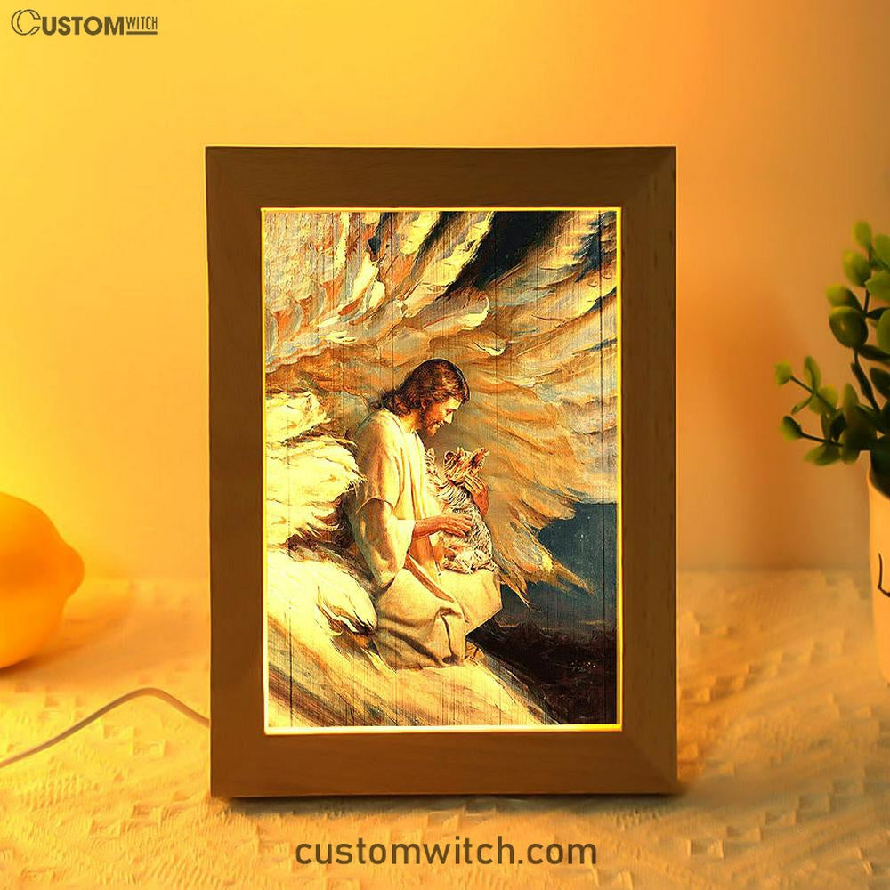 Angel Wings Little Yorkshire Terrier Jesus Painting Frame Lamp Art - Christian Night Light - Bible Verse Wooden Lamp