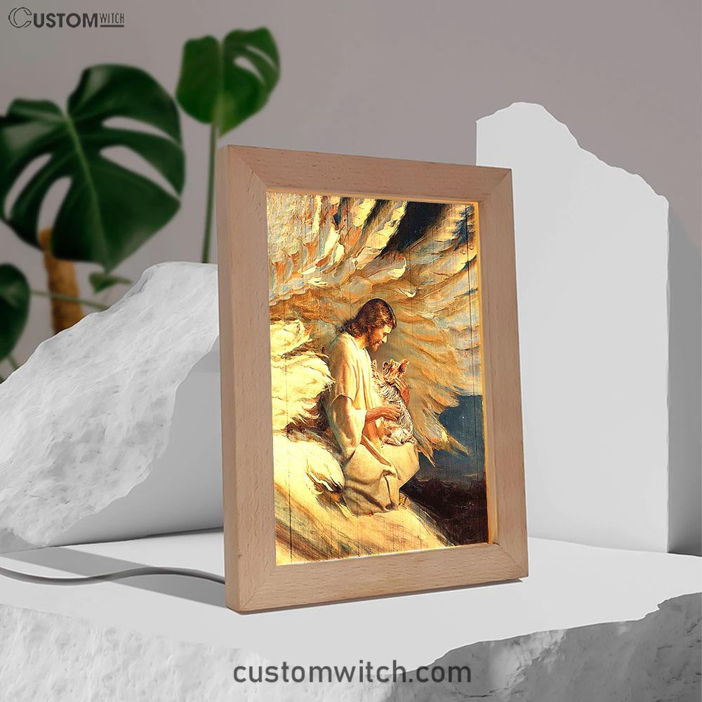 Angel Wings Little Yorkshire Terrier Jesus Painting Frame Lamp Art - Christian Night Light - Bible Verse Wooden Lamp