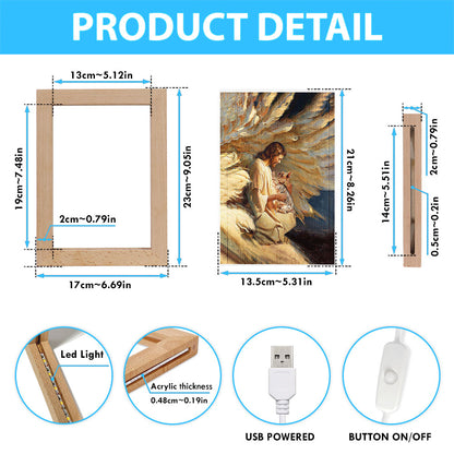 Angel Wings Little Yorkshire Terrier Jesus Painting Frame Lamp Art - Christian Night Light - Bible Verse Wooden Lamp