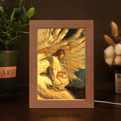 Angel Wings Little Yorkshire Terrier Jesus Painting Frame Lamp Art - Christian Night Light - Bible Verse Wooden Lamp