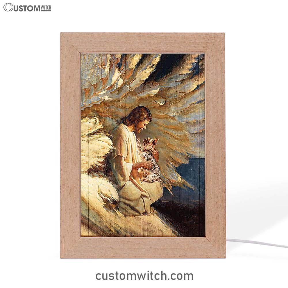 Angel Wings Little Yorkshire Terrier Jesus Painting Frame Lamp Art - Christian Night Light - Bible Verse Wooden Lamp