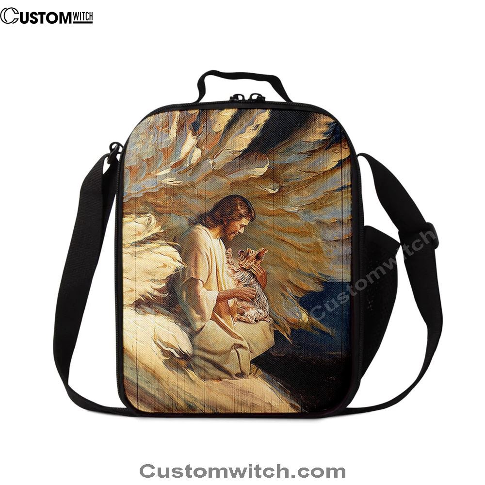 Angel Wings Little Yorkshire Terrier Jesus Painting Lunch Bag, Christian Lunch Bag For School, Picnic, Religious Lunch Bag