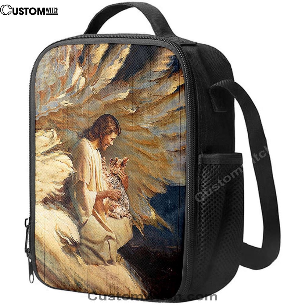 Angel Wings Little Yorkshire Terrier Jesus Painting Lunch Bag, Christian Lunch Bag For School, Picnic, Religious Lunch Bag