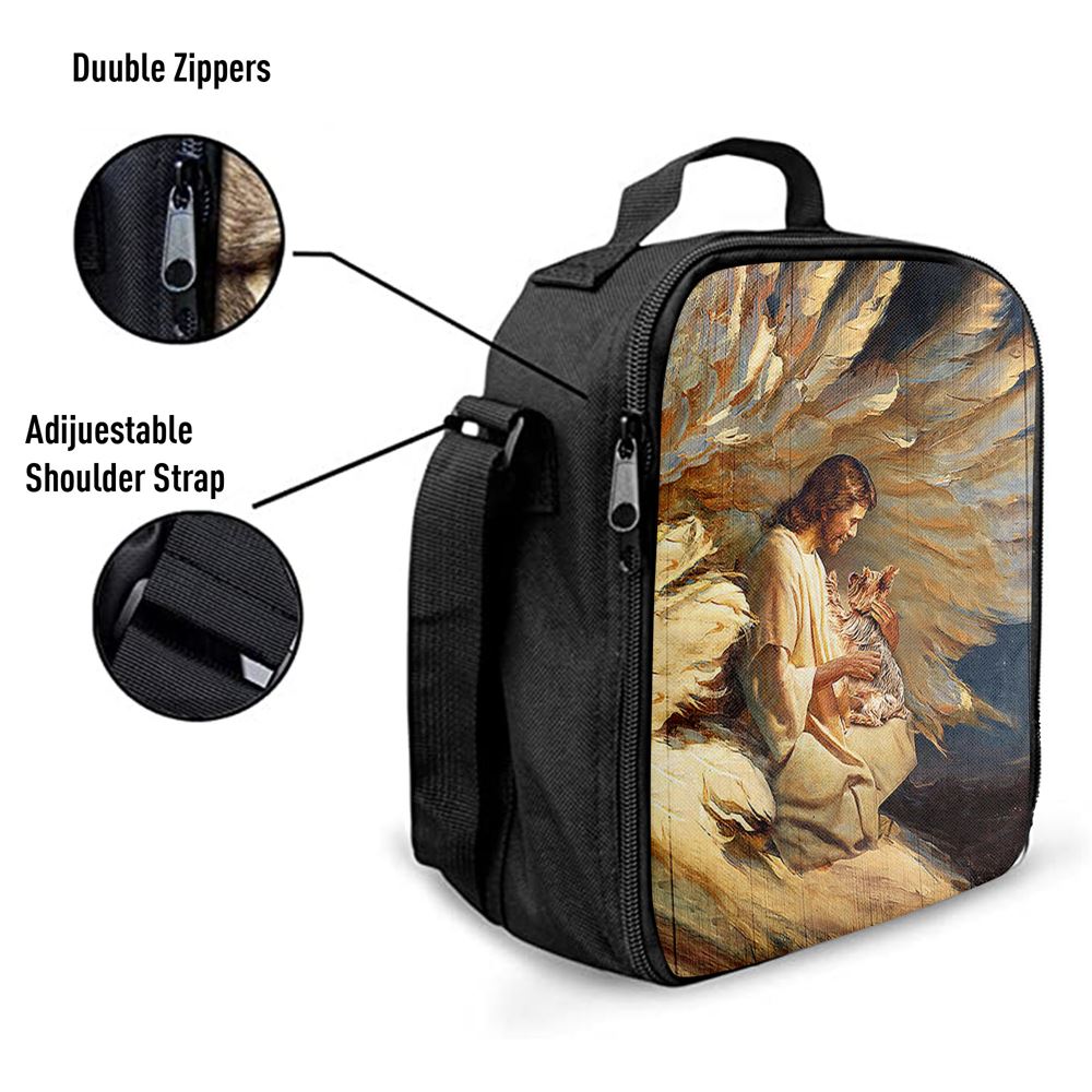 Angel Wings Little Yorkshire Terrier Jesus Painting Lunch Bag, Christian Lunch Bag For School, Picnic, Religious Lunch Bag