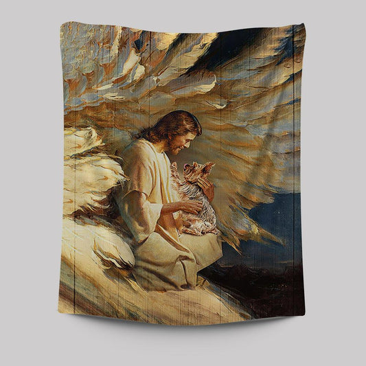 Angel Wings Little Yorkshire Terrier Jesus Painting Tapestry Wall Art - Christian Tapestries Prints - Bible Verse Tapestry Art