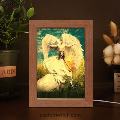 Angel Wings Lotus Flower Jesus Painting Frame Lamp Art - Christian Night Light - Bible Verse Wooden Lamp