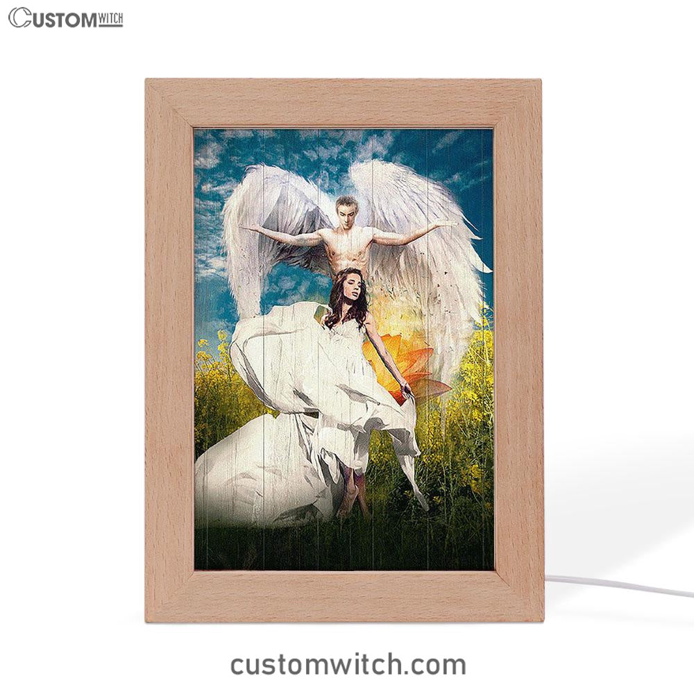 Angel Wings Lotus Flower Jesus Painting Frame Lamp Art - Christian Night Light - Bible Verse Wooden Lamp