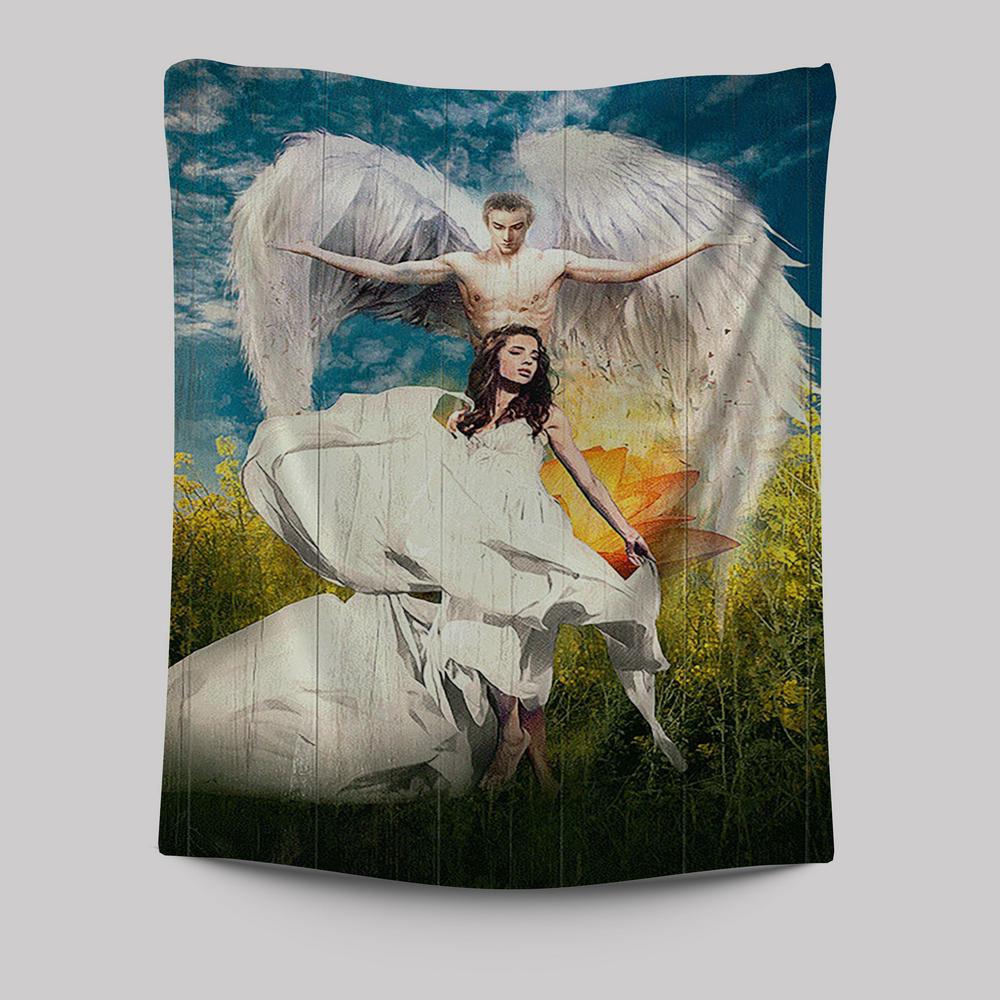 Angel Wings Lotus Flower Jesus Painting Tapestry Wall Art - Christian Tapestries Prints - Bible Verse Tapestry Art