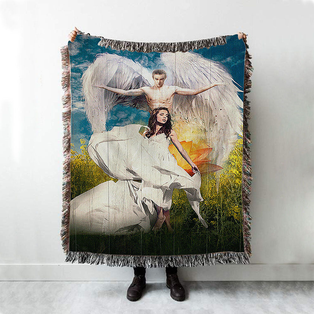 Angel Wings Lotus Flower Jesus Painting Woven Throw Blanket - Christian Woven Blanket Prints - Bible Verse Woven Blanket Art