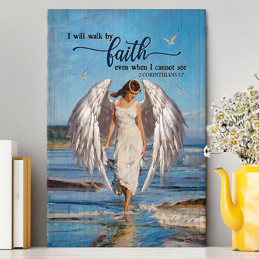 Angel Wings Ocean I Will Walk By Faith Canvas Wall Art - Christian Canvas Prints - Bible Verse Canvas Art