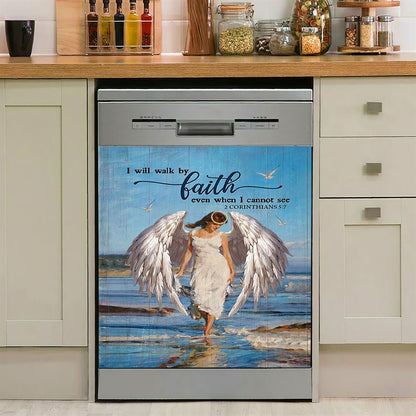 Angel Wings Ocean I Will Walk By Faith Dishwasher Cover, Christian Dishwasher Magnet Cover, Bible Verse Kitchen Decor