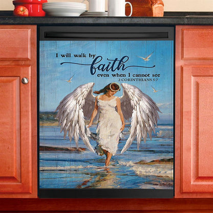 Angel Wings Ocean I Will Walk By Faith Dishwasher Cover, Christian Dishwasher Magnet Cover, Bible Verse Kitchen Decor