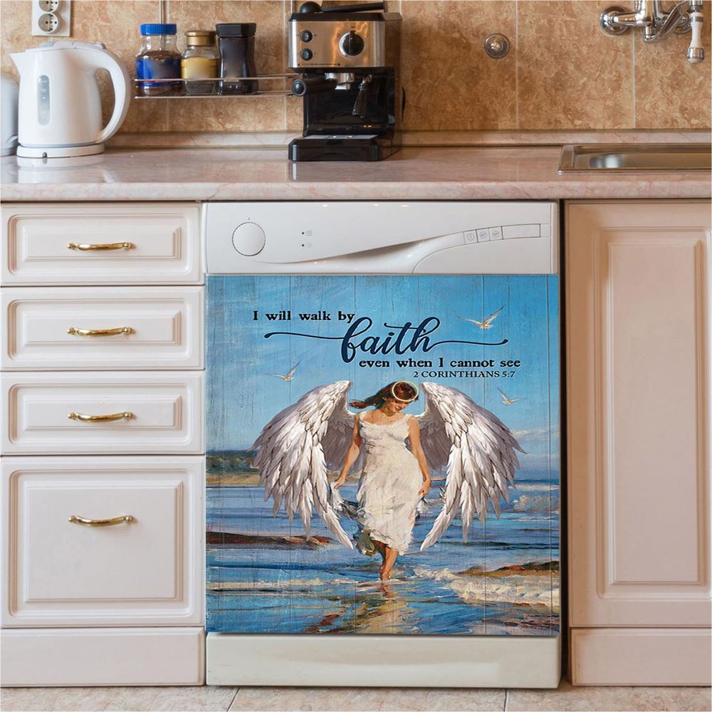 Angel Wings Ocean I Will Walk By Faith Dishwasher Cover, Christian Dishwasher Magnet Cover, Bible Verse Kitchen Decor