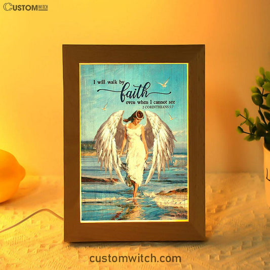 Angel Wings Ocean I Will Walk By Faith Frame Lamp Art - Christian Night Light - Bible Verse Wooden Lamp