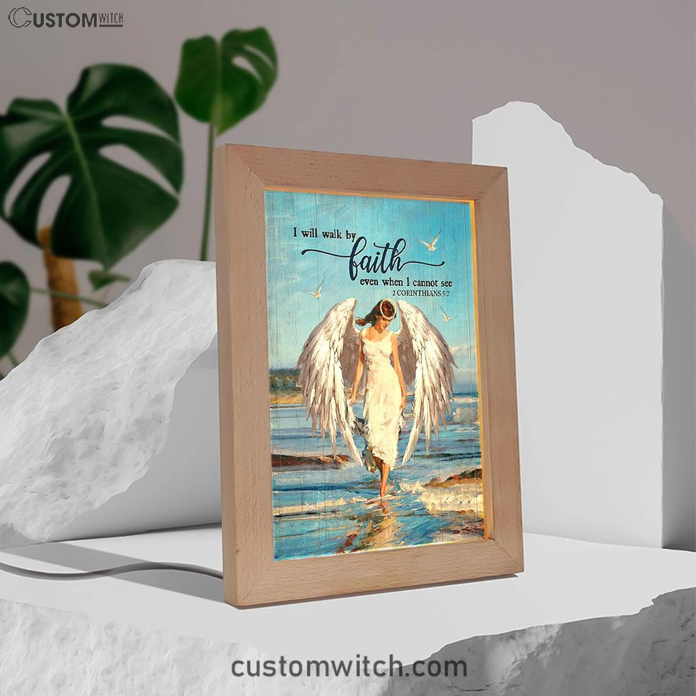 Angel Wings Ocean I Will Walk By Faith Frame Lamp Art - Christian Night Light - Bible Verse Wooden Lamp