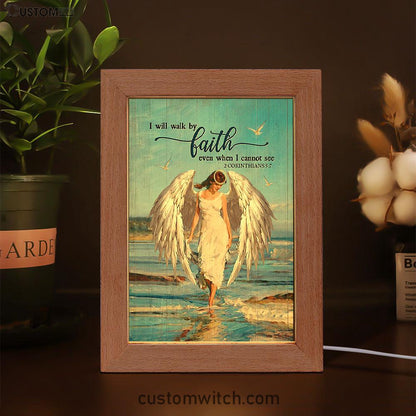 Angel Wings Ocean I Will Walk By Faith Frame Lamp Art - Christian Night Light - Bible Verse Wooden Lamp
