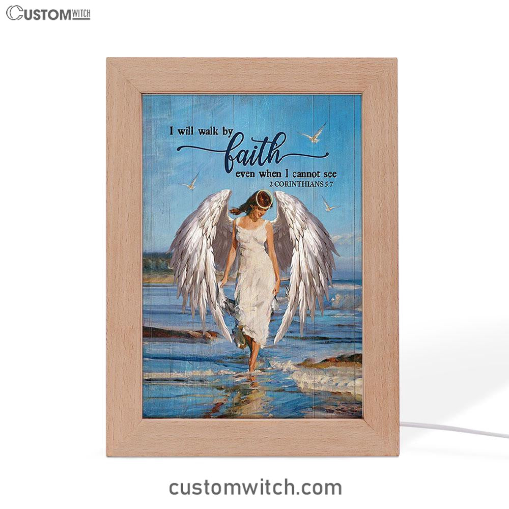 Angel Wings Ocean I Will Walk By Faith Frame Lamp Art - Christian Night Light - Bible Verse Wooden Lamp